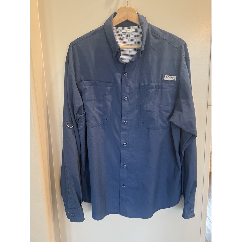 Columbia PFG Men Medium Blue Vented Button Up Long Sleeve Shirt Fishing Camping